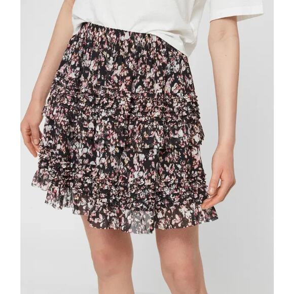 All Saints Mini Skirt Small Black Multi Printed Ruffle Sanse Freefall Skirt - Picture 2 of 7